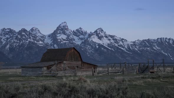 Timelapse Sunrise Over Grand Teton Mountains Historic Wooden Barn Building