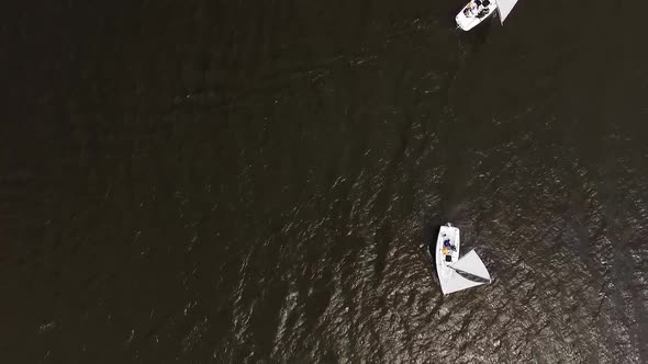 Top down aerial view of Sailing Yachts on pond 17