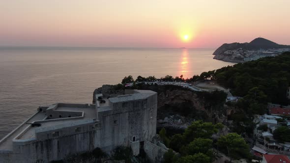 Fort Lovrijenac at sunset in Dubrovnik, Croatia seen from the air