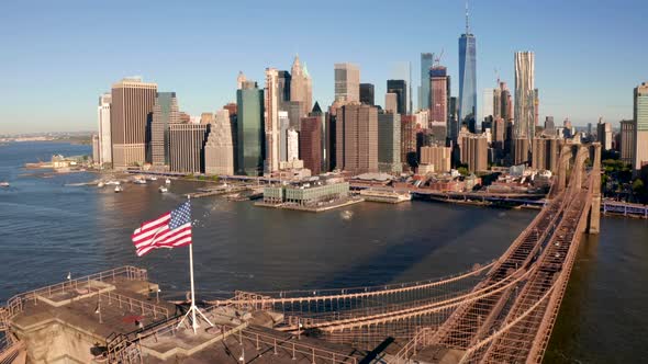 Aerial view of the Brooklyn bridge over Hudson river.