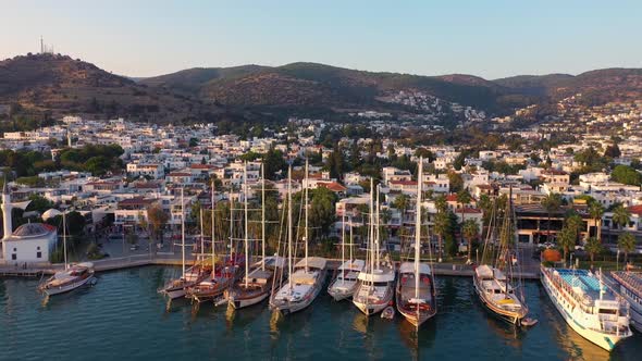 Aerial View of Coastline and Harbor in Bodrum Turkey