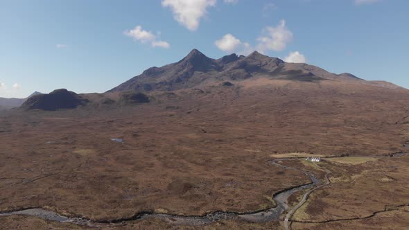 Cuillin Hills Mountain Range, Monro, Small White Cottage, Isle Of Skye, Aerial D Log