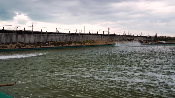 Aquaculture with shrimp farm in Vietnam. Establishing shot