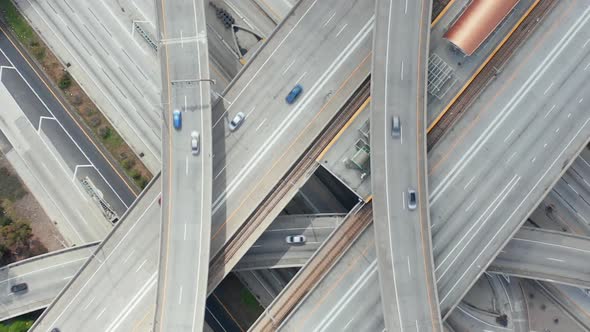 AERIAL: Spectacular Overhead Shot Rising Up Over Judge Pregerson Highway Showing Multiple Roads