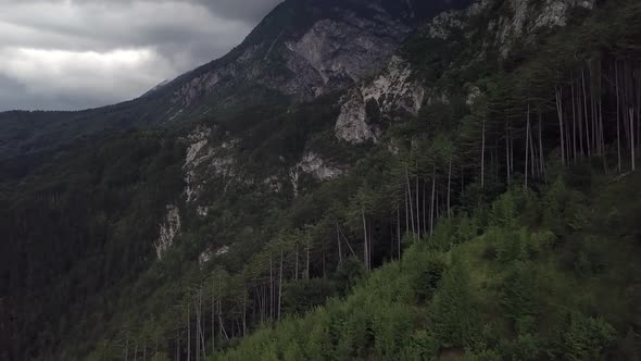 Aerial view of the mountains and forest in Borgo Valsugana in Trentino Italy with drone flying forwa