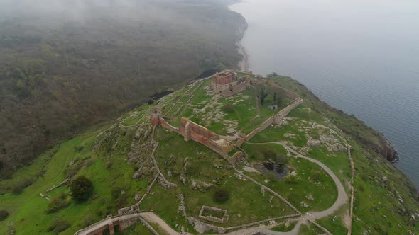 Aerial footage of the medieval castle ruin of Hammershus in Denmark, drone stock footage