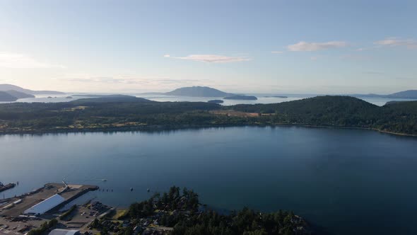 Aerial Pan Of San Juan Islands In Puget Sound On Sunny Summer Day