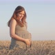 Pregnant happy red-haired woman touching her belly, future young mother walking at sunset - VideoHive Item for Sale