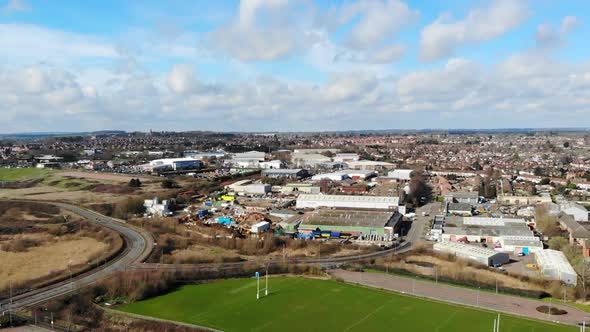 Aerial - An industrial area in Northampton, a sunny day with a view from the sky in United Kingdom,
