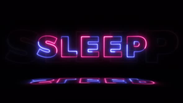 Neon glowing word 'SLEEP' on a black background with reflections on a floor. Neon glow signs