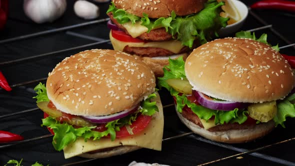 Vegetarian Burgers on Black Background Closeup