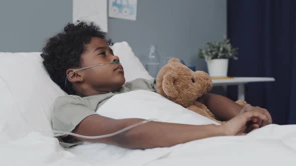 Boy Waking Up with Toy Bear in Hospital