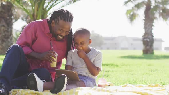 Video of happy african american father and son having picnic outdoors on sunny day