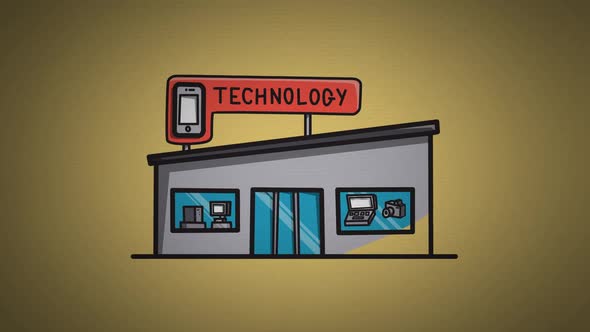 Technology shop Sketch and 2d animation, mobile, camera, computer
