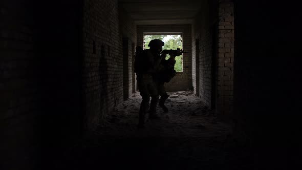 Squad of Marines in Action in Ruined Building