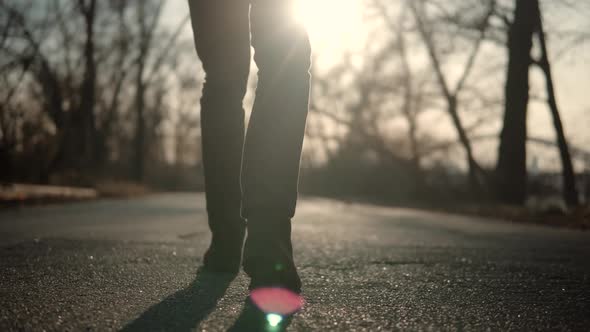 Confidence Man Feet Walking On Road.Lonely Handsome Businessman.Legs Walking On Park.Fall Day