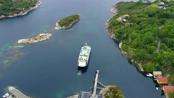 Ferry Sailing Away From The Pier In Norway, Drone Stock Footage By Drone Rune