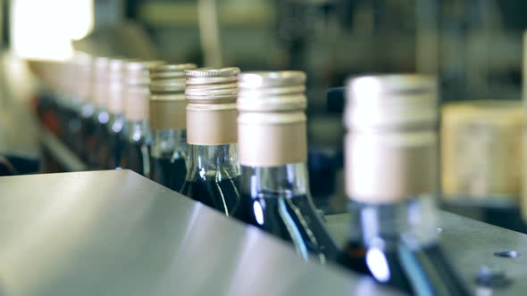 Sealed Necks of Bottles While Moving Through the Conveyor