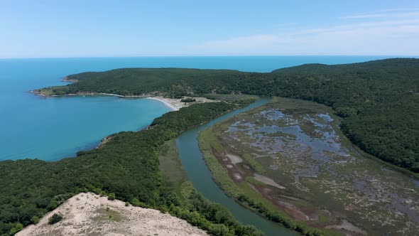 Drone flight above a picturesque river valley