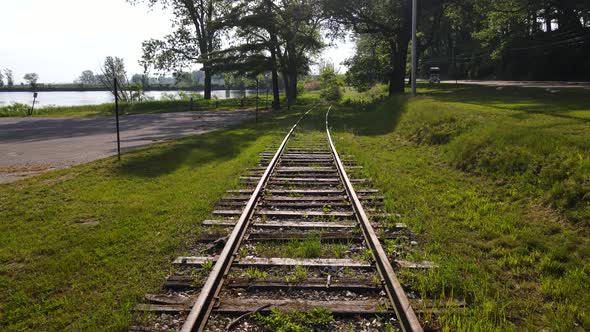 Low track over an overgrown railroad set.