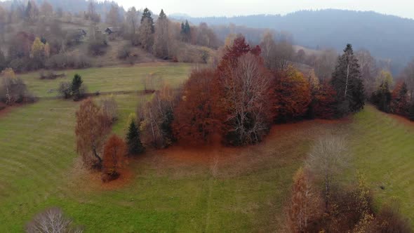 Aerial Drone Footage View: Flight over autumn mountain with forests and fields.