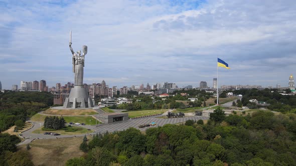 Motherland Monument in Kyiv, Ukraine By Day. Aerial View