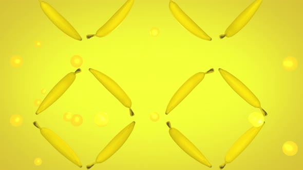 A lot of Funny vivid bananas are slowly spinning in the bright yellow background