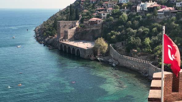 Castle Alanya Kalesi Aerial View 4 K of Mountain and City Turkey