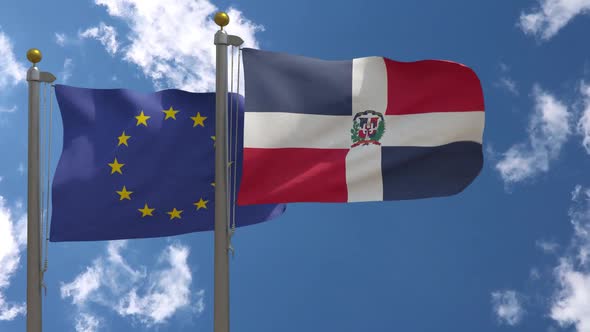 European Union Flag Vs Dominican Republic Flag On Flagpole