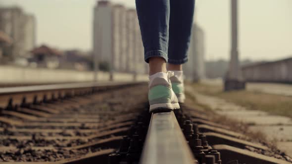Girl Walks To Home On Railroad Tracks After Canceled Tram Public Transport .