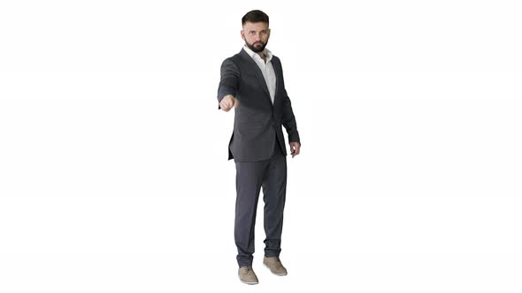 Businessman with a Beard Showing Gestures Finger Up Thumbs Up on White Background
