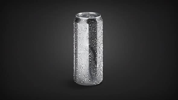 Blank black 500 ml soda can with drops, looped rotation