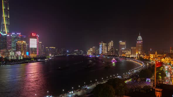 Shanghai River Urban Cityscape Aerial Skyline Panorama Timelapse at Night Zoom Out