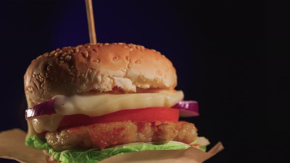 Delicious Fat Burger Rotating on a Purple Background in the Center of the Screen