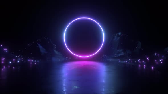 Circle Neon Glowing Frame And Landscape Background