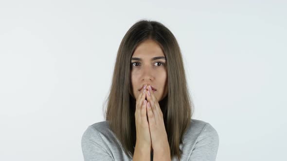 Loss, Failure, Upset Sad Girl, White Background in Studio