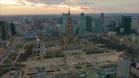 Aerial View of a Clock Tower of Palace of Culture and Science in Warsaw Poland