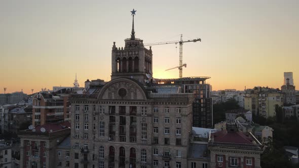 Ukraine, Kyiv : City Center in the Morning at Sunrise. Aerial View. Kiev