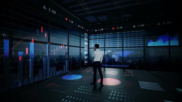 Rearview of businessman looking at digital animation of glowing graph interface