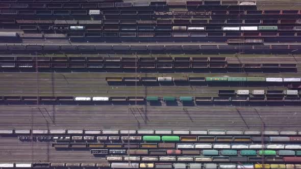Aerial View of Railway Sorting Station and A Lot of Wagons at a Railway