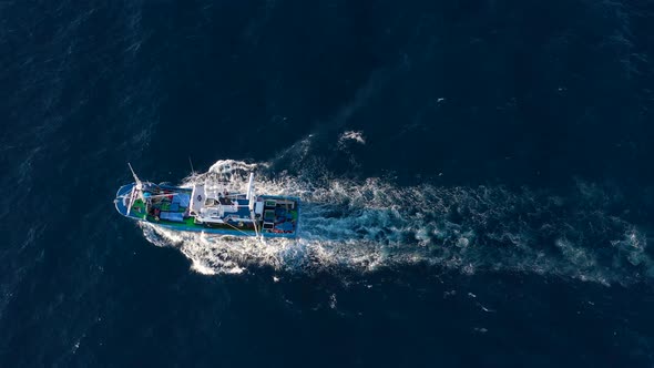 Top View of a Fishing Boat Sailing in the Atlantic Ocean