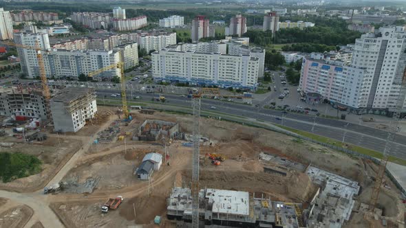 Aerial Photography Of The Construction Site. Construction Of Modern Multi Storey Buildings.