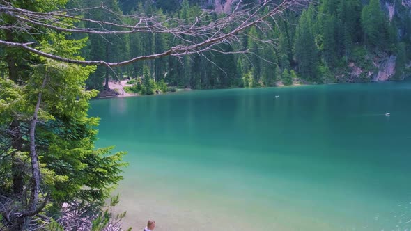 Beautiful Landscape of Braies Lake Lago Di Braies Romantic Place with Wooden Bridge and Boats on the