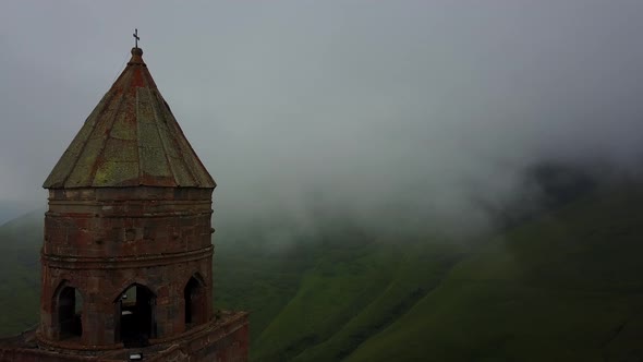 Aerial view of Gergeti Trinity Church in Kazbegi, Georgia