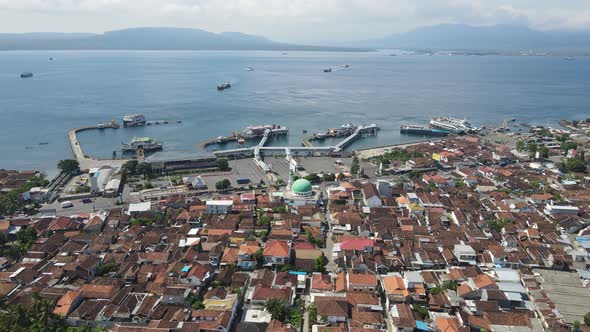 Aerial view of Port in Banyuwangi Indonesia with ferry in Bali Ocean