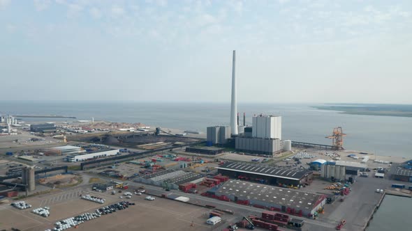 Flight Forward Drone Aerial View Over the Power Plant of Esbjerg Denmark