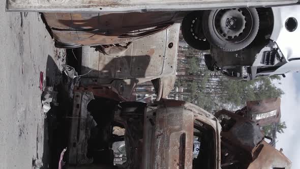 Vertical Video of a Dump of Destroyed Cars During the War in Ukraine