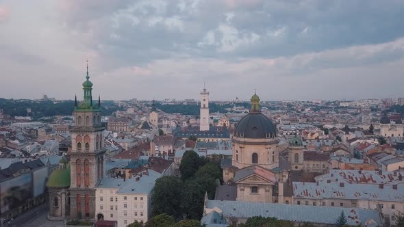 Aerial City Lviv, Ukraine. European City. Popular Areas of the City. Town Hall