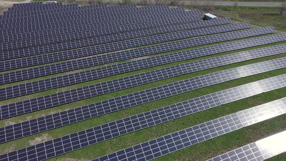 Solar panel produces green, environmentaly friendly energy. Aerial view from drone