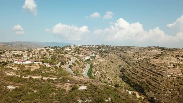 Aerial view of landscape in Cyprus. mountains, terraces and olive trees